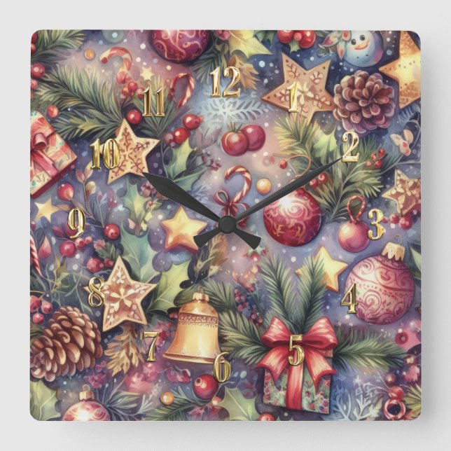 Helgdag om vattenfärgsolja Lila jul - julfilmer Fyrkantig Klocka (Framsida)