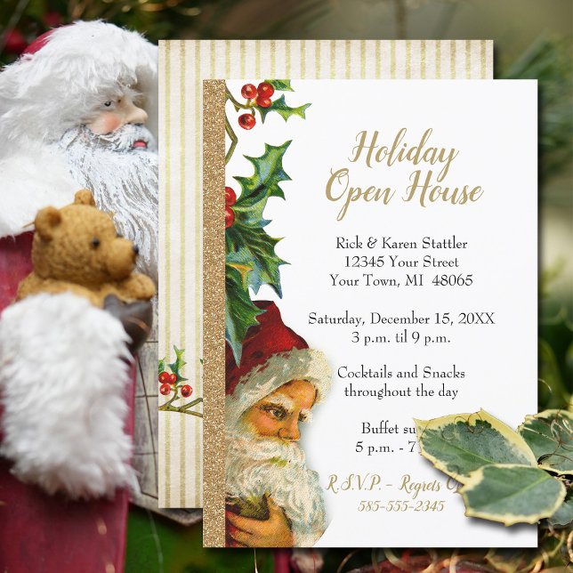 Helgdag Open House Guld Glitter Santa Holly 5x7 Inbjudningar (Festive Holiday Open House invitation with vintage Santa and faux gold glitter.)