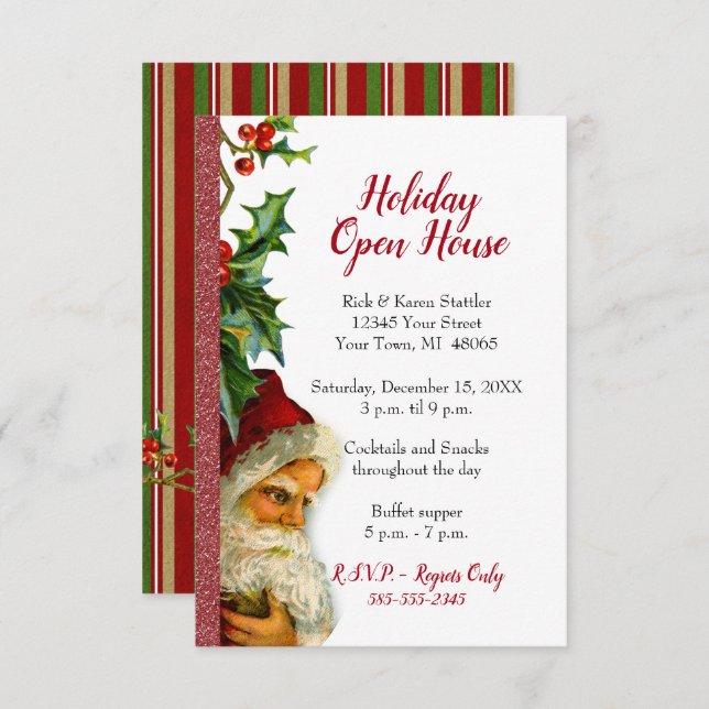 Helgdag Open House Red Glitter Santa Holly Inbjudningar (Fram/baksida)