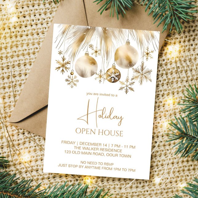 Helgdag öppet hus party boho metalliskt vattenfärg inbjudningar (Open holiday house Christmas party editable template boho silver gold baubles pampas grass snowflake)