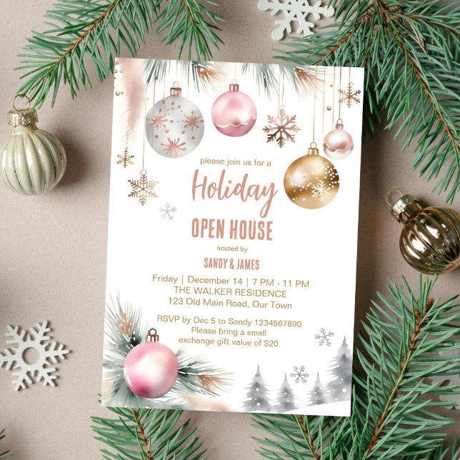 Helgdag öppet hus party boho metalliskt vattenfärg inbjudningar (Holiday open house Christmas dinner party editable template invitation digital download watercolor)
