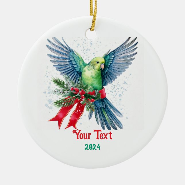 Helgdag Parakeet och Red jul Ribbon Julgransprydnad Keramik (Framsidan)
