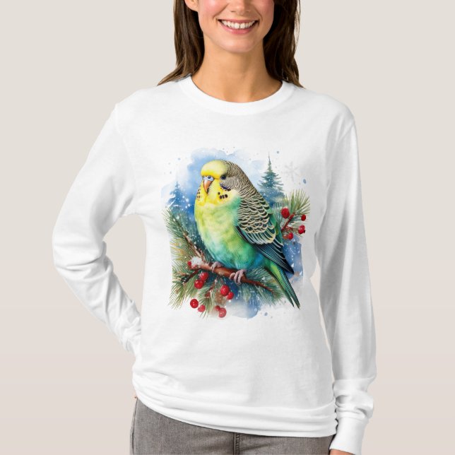 Helgdag Parakeet vid Gräs Gren med Berries T Shirt (Framsida)