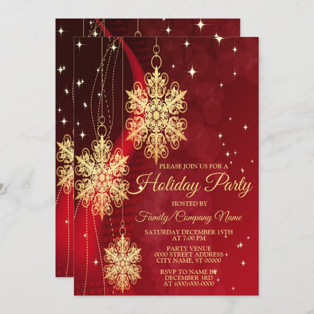 Helgdag Party Red Golden Snöflingor Inbjudningar (Fram/baksida)