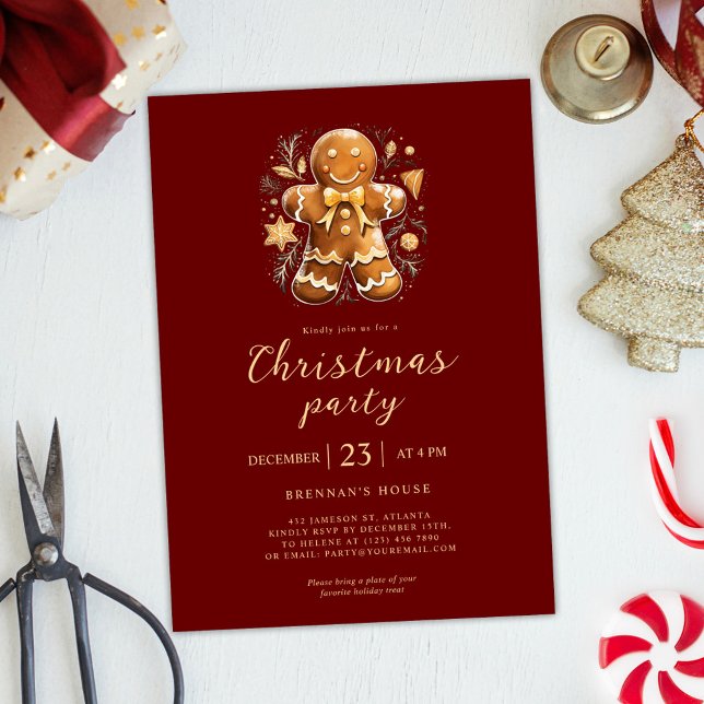 Helgdag Party Red Guld Gingerbröd Inbjudningar (Christmas Party Red Gold Gingerbread Holiday Invitation)