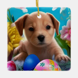Helgdag påsk Puppy Flowers och Eggs Julgransprydnad Keramik