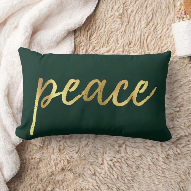 Helgdag Peace | Faux Gold Foil Calligraphy Grönt Lumbarkudde (Filt)