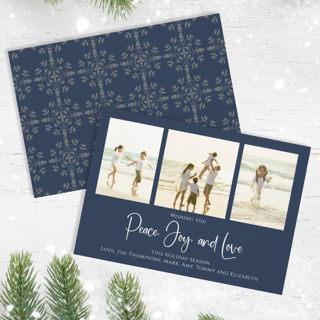 Helgdag Peace Joy Kärlek Elegant Snöflingor 3 Phot Julkort (Christmas holiday simple peace, joy, and love navy blue multi photo card. )