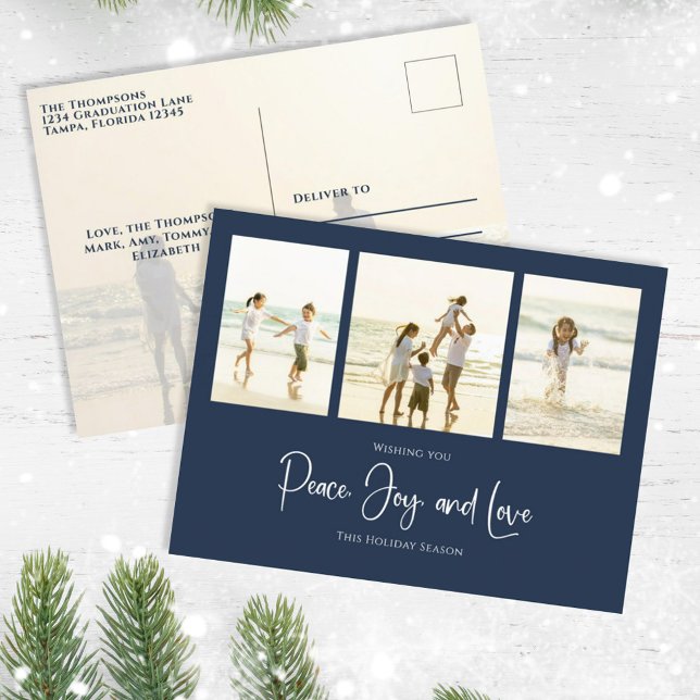Helgdag Peace Joy Kärlek Elegant Snöflingor 4 Phot Helg Vykort (Christmas holiday simple photo postcard template with an elegant navy blue design. )