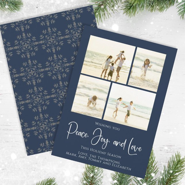 Helgdag Peace Joy Kärlek Elegant Snöflingor 4 Phot Julkort (Christmas holiday simple peace, joy, and love navy blue photo card. )