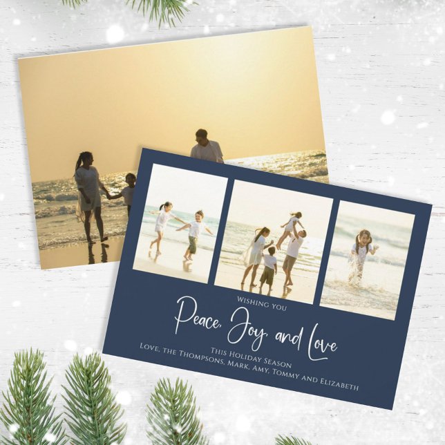 Helgdag Peace Joy Kärlek Elegant Snöflingor 4 Phot Julkort (Christmas holiday simple peace, joy, and love navy blue photo card. )