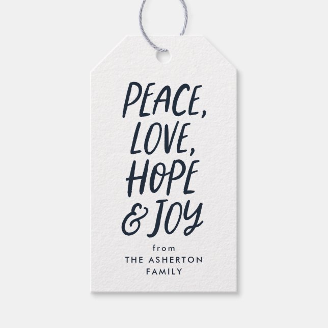 Helgdag peace kärlek hoppas på en marin blåblå jul presentetikett (Framsidan)