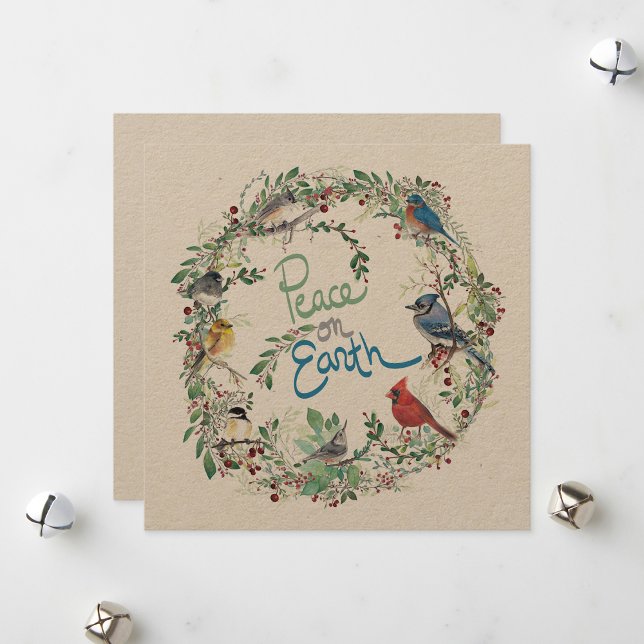 Helgdag Peace on Earth Birds Wandan Julkort (Holiday Peace On Earth Birds Wreath from Jenn Steffen Art.)