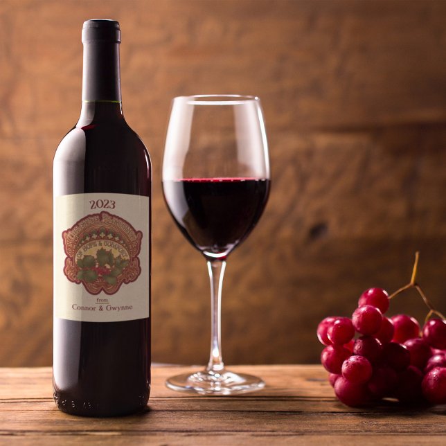 Helgdag personlig jul och Yule Blessings Vinflaska Etikett (Personalized Christmas and Yule Blessings Holiday Wine Label on a Bottle of Red Wine.)