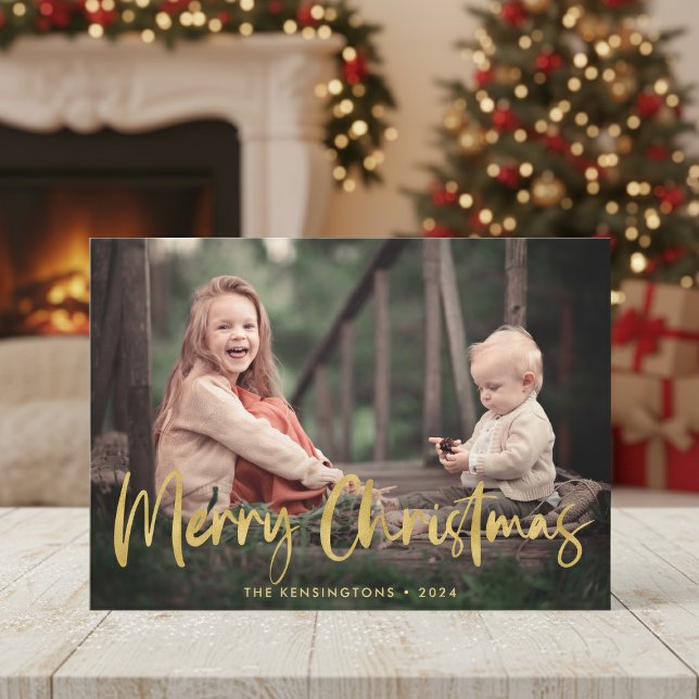 Helgdag Photo Jul Play Gold Foil Script Julkort (Christmas Plaid Gold Foil Script Holiday Photo Cards with instant download option)