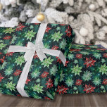 Helgdag Poinsettia Flowers jul Presentpapper<br><div class="desc">En fin och elegant som är papper och som har en färgstark vattenfärg mönster i rött och grönt poinsettia blommor med en mörk grönt, nästan svart bakgrund. Den här utformningen är en perfekt för att ge julklappar en levande och glatt beröring. Mönster visar upp vackert målade poinsetter, fångar helgdag cheers...</div>