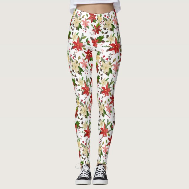 Helgdag Poinsettia Holly Red jul Mönster Leggings (Framsida)