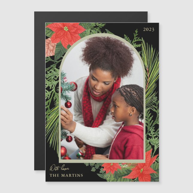 Helgdag Poinsettia och Greenery Photo Magnet (Fram/baksida)