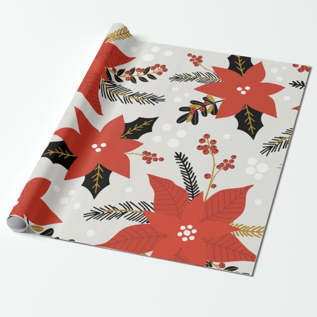 Helgdag Poinsettias Wrapping Papper Presentpapper (Utrullad)