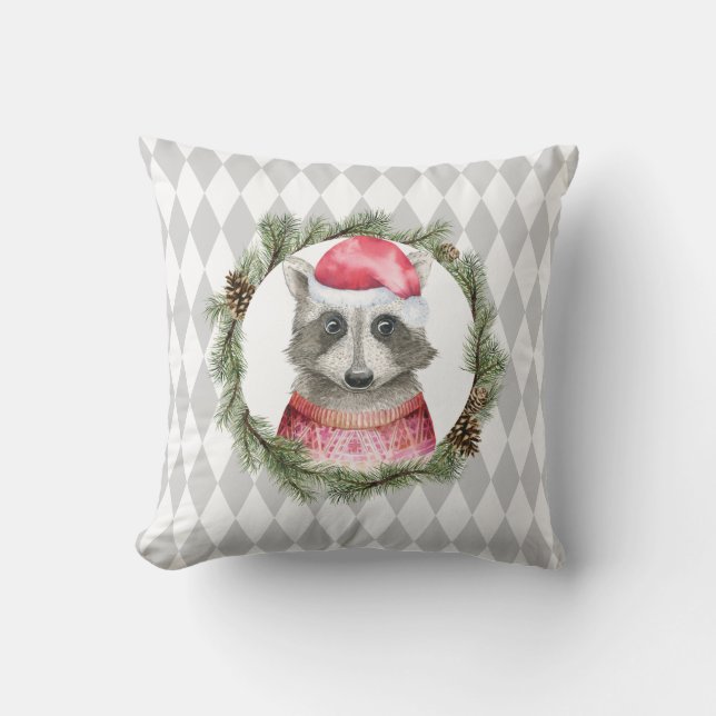 Helgdag Raccoon och Pastel Grått Harlequin Mönster Kudde (Framsida)