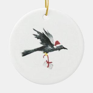 Helgdag Raven med en present Julgransprydnad Keramik