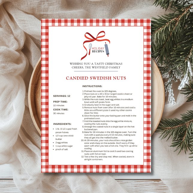 Helgdag recept Svenska Nöt-julkort Julkort (Candied Swedish Nuts Red Check Buffalo Plaid Holiday Recipe Christmas Card 5x7)