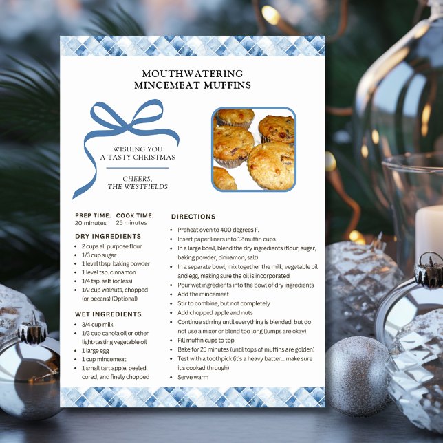 Helgdag Recipe Mincemeat Muffins Julkort (Dusty Blue Check Holiday Recipe Mincemeat Muffins Christmas Card)