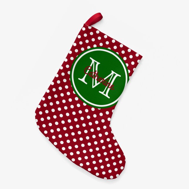 Helgdag Red and Grönt Polka Dot Monogram Liten Julstrumpa (Framsidan (Hängande))