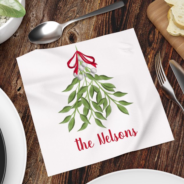 Helgdag Red Berries Botanical Greenery jul Pappersservett (Christmas merry mistletoe watercolor simple customized calligraphy napkin. )