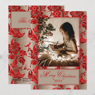 Helgdag Red Damask för Photo Vintage Julkort