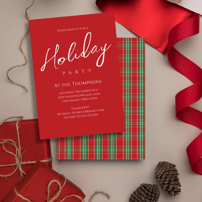 Helgdag Red Grönt Classic Play Mönster Inbjudningar (Holiday party simple red and green plaid pattern party invitation. )