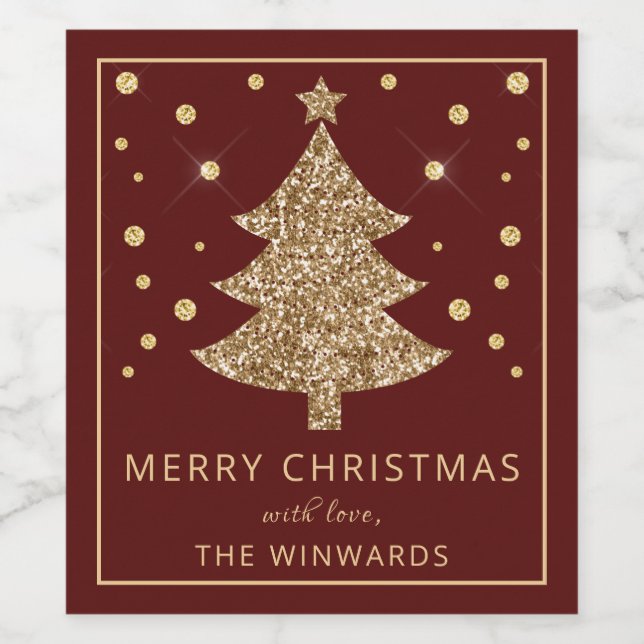 Helgdag Red & Guld Glitter Julgran Vinflaska Etikett (Singel etikett)