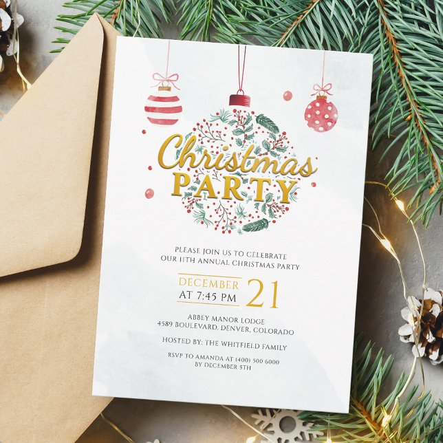 Helgdag Red och Guld Juldagen Julfest Inbjudningar (Christmas Holidays Baubles Modern Party Invitation)
