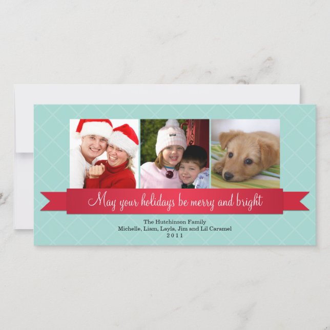 Helgdag Red satin ribbon blue lattice hälsning Julkort (Framsida)