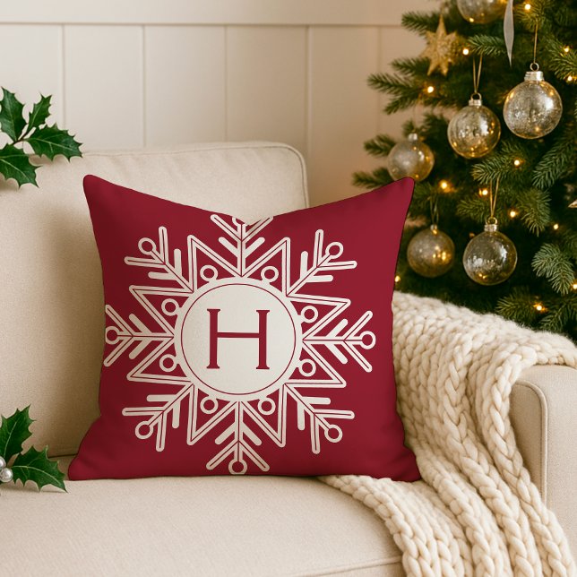 Helgdag Red Snowflake Monogram Kudde (Skapare uppladdad)