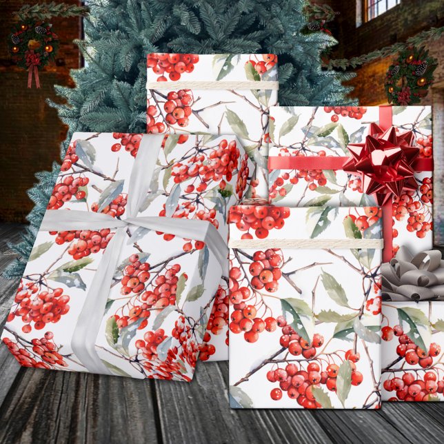 Helgdag Red Winterberry Holly Presentpapper (Holiday Red Winterberry Holly Wrapping Paper Rolls in 6 & 15 foot lengths in matte or semi gloss.)