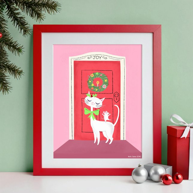 Helgdag Retro White Cat and Mouse Art Skriv ut Poster (Red frame is for display only.)