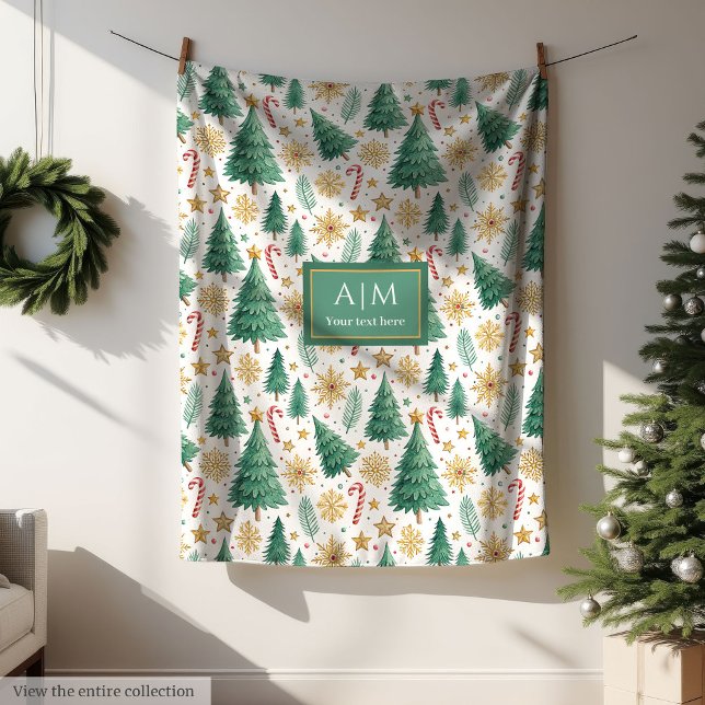 Helgdag röd och guld Julgranar Fleecefilt (Holiday red and gold watercolor Christmas trees Fleece Blanket)