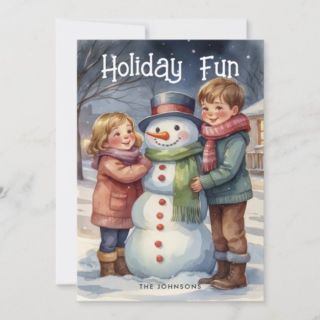 Helgdag Roligt Kids Bygger Snögubbe julkort (Framsida)
