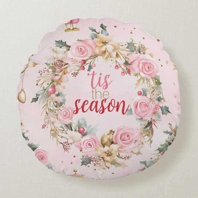 Helgdag Rosa God jul Beaux Wandement Anpassningsba Rund Kudde (Framsidan)