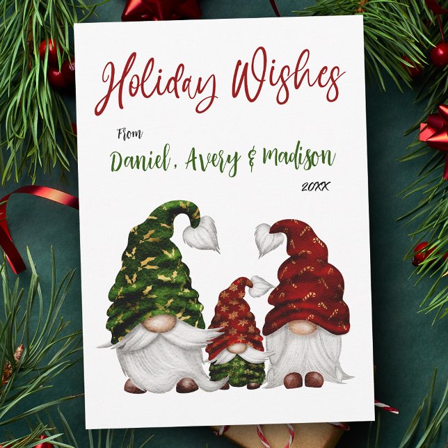 Helgdag Rustic Family Watercolor Gnomes Julkort (Available in high quality print or digital download for quick text messaging, email or self print.)
