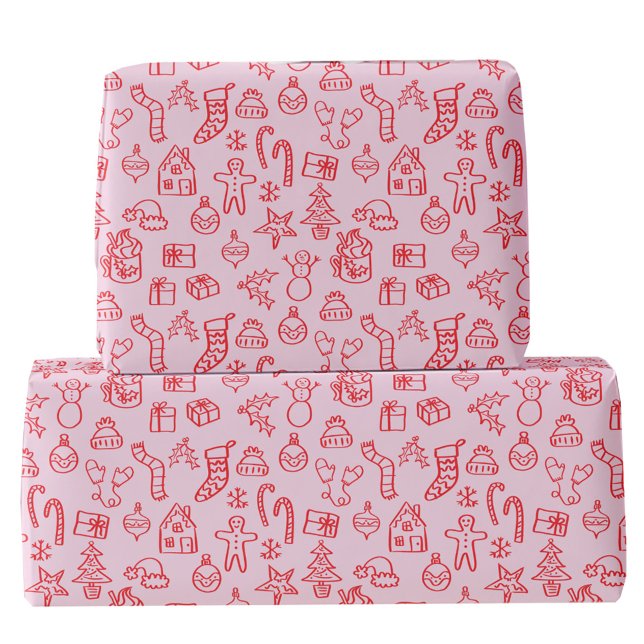 Helgdag Scribble Doodle Red and Rosa Presentpapper (Fun Christmas holiday scribble doodle illustration pink and red gift wrapping paper)