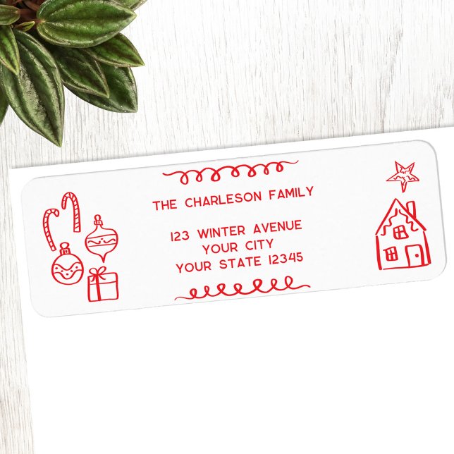 Helgdag Scribble Doodle Red White Returadress Returadress Etikett (Fun holiday doodle scribble illustration Christmas personalized return address label)