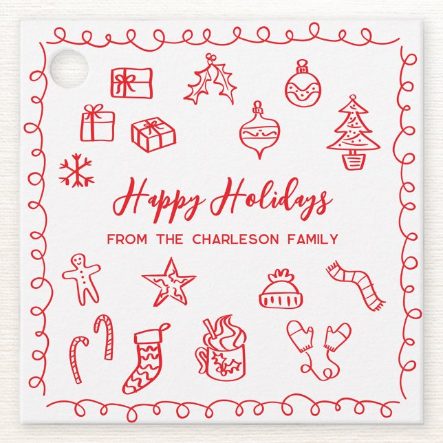 Helgdag Scribble Illustration Doodle Red Gift Märk Gåvor Etiketter (Personalized red and white hand drawn scribble doodle Christmas holiday gift tag)