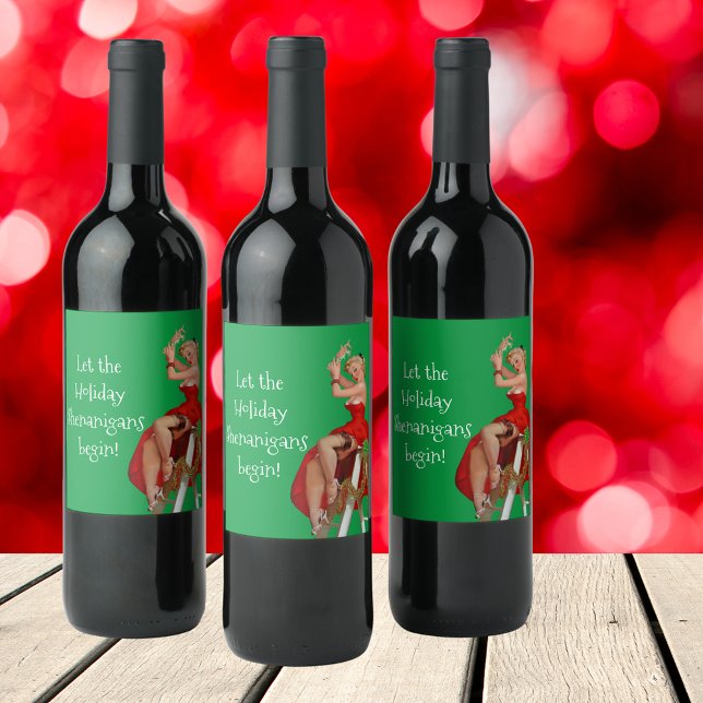Helgdag Shenanigans Retro Pinup jul Vinflaska Etikett (Skapare uppladdad)