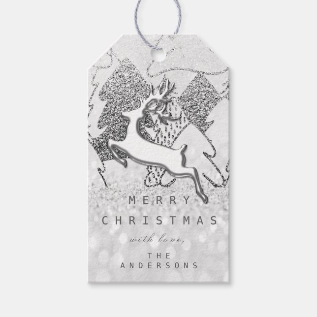 Helgdag Silver Spark Grått julrenar 3D Presentetikett (Framsidan)