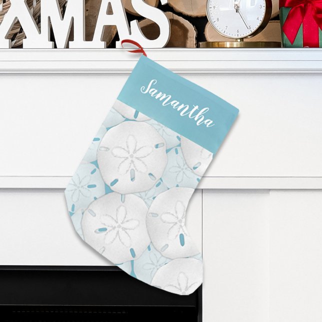 Helgdag Simple Beach Tropical Sand Dollar Liten Julstrumpa (Blue tropical beach sand dollar Holiday stocking. )