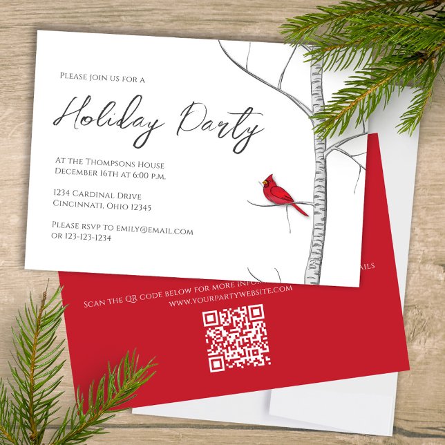 Helgdag Simple Red Cardinal Birch Träd QR-kod Inbjudningar (Simple Holiday Party invitation with a winter woodland red cardinal bird.)