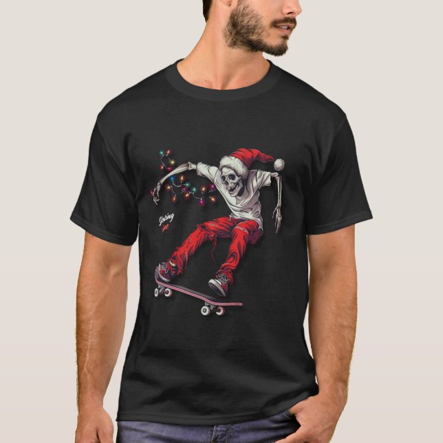 Helgdag Skeleton Skateboarder T Shirt (Framsida)