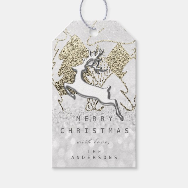 Helgdag Snö Grått Silver julrenar 3D Presentetikett (Framsidan)